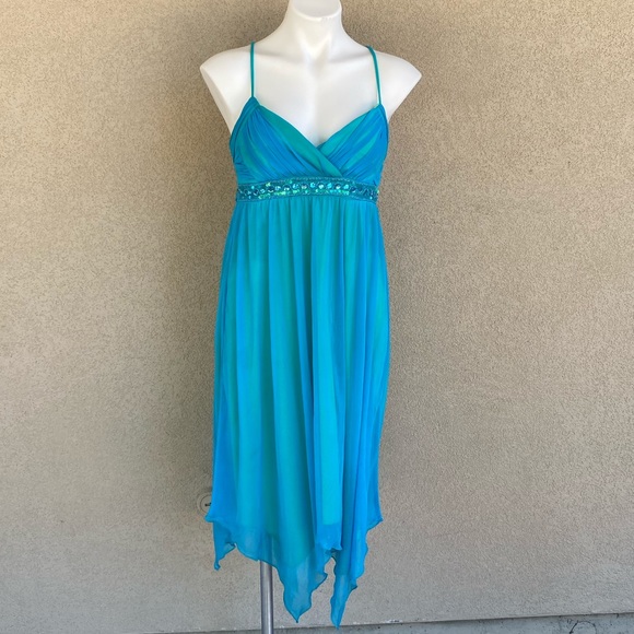 Jewel Accents Turquoise High/Low Halter Dress - Picture 2 of 7